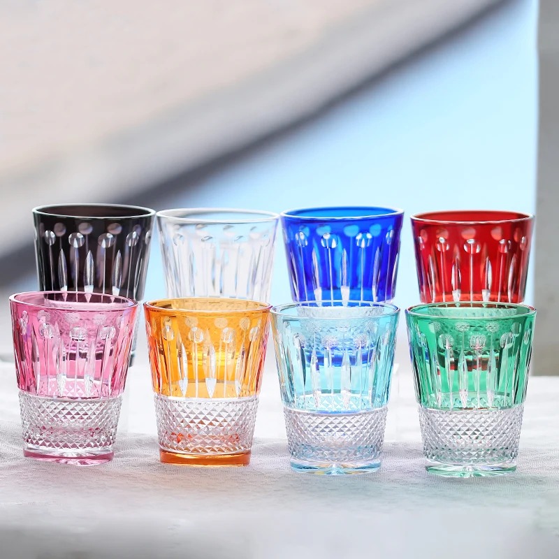 Wine Beer Jp - 手作りの手彫りマルチカラークリスタルガラス製ウィスキータンブラー、ギフトボックス入り、水、ジュース、ワイン、ビール、ウィスキー用