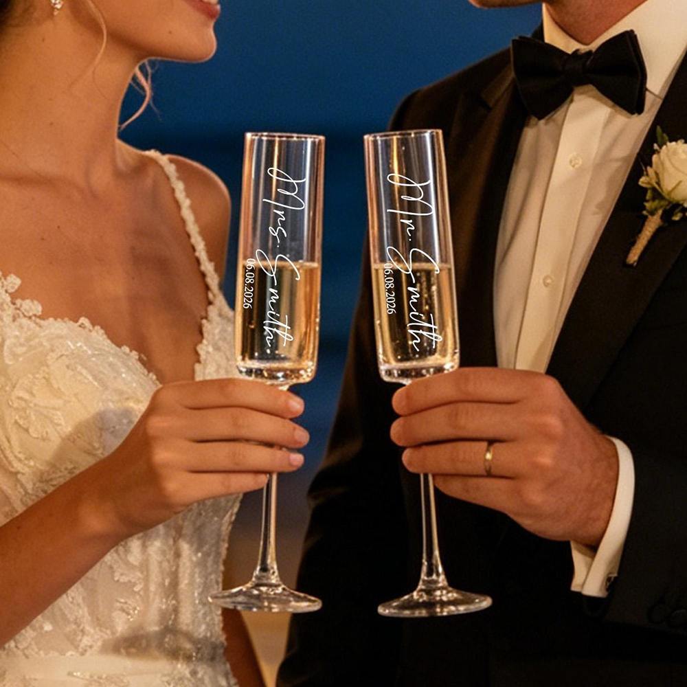 Champagne Flute Pair - カスタムウェディングシャンパンフルート2個セット 名入れ結婚祝いグラス 新郎新婦婚約祝いギフト 特別なMr.Mrsギフト