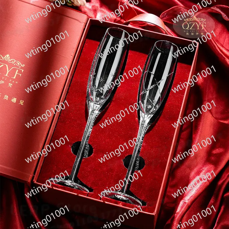 Champagne Flute Pair - QZYF Qiuzhi Yifan 手彫りクリスタルシャンパンフルートペア エレガントなホリデーギフトセット プレミアム装飾ゴブレット